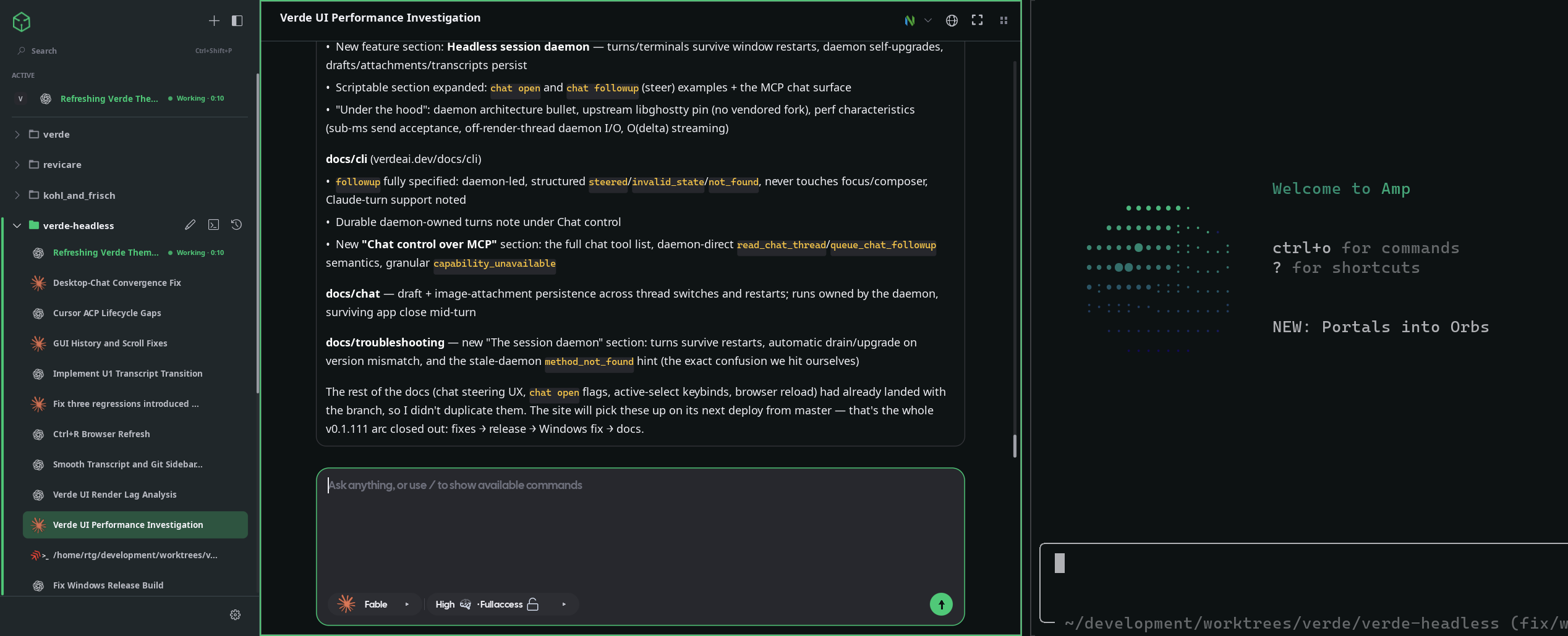 Verde desktop app with a sidebar of projects and threads, a chat pane, a terminal pane, and an Amp TUI, themed to match the selected Omarchy theme.